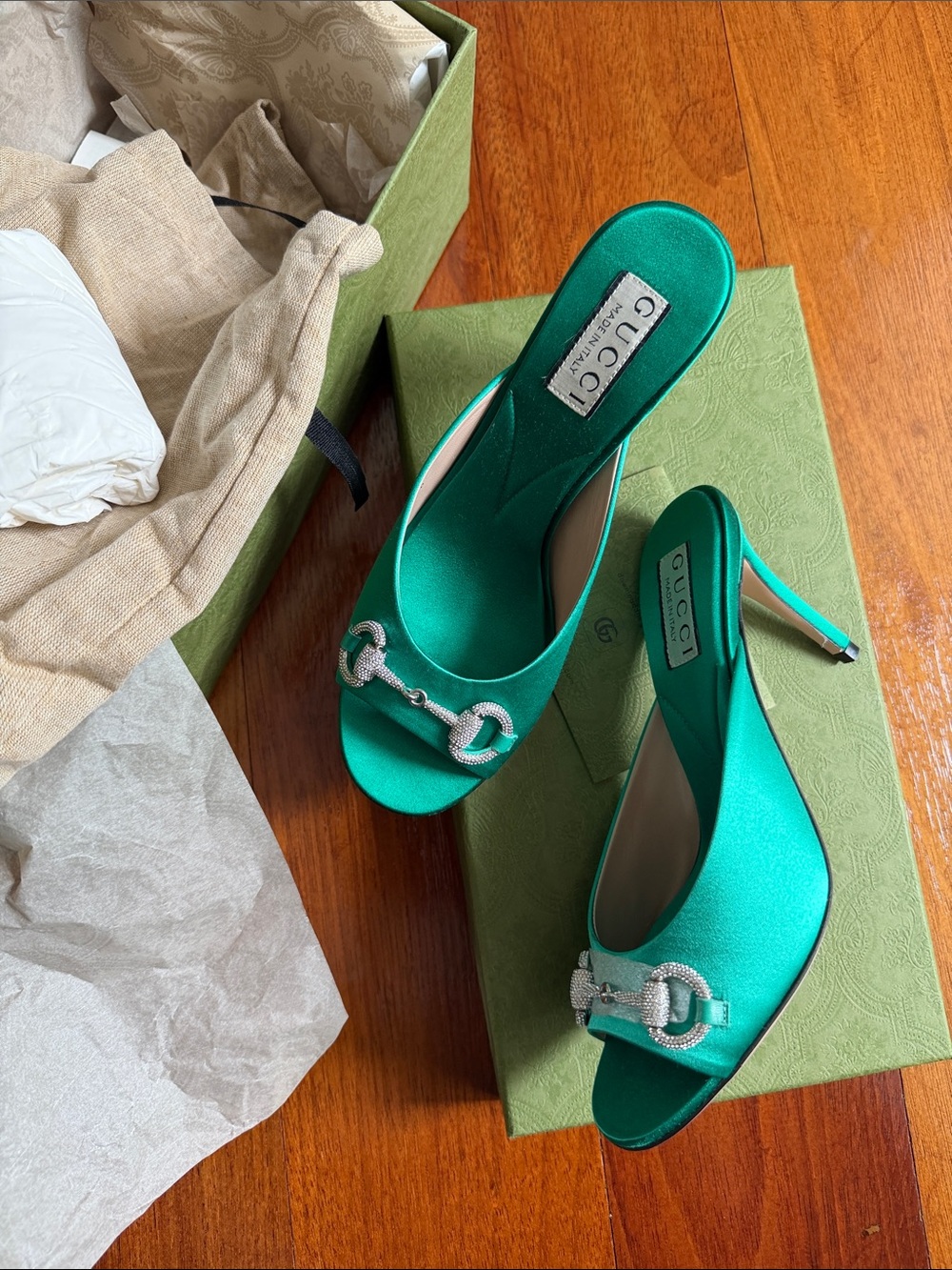Gucci Emerald Satin Crystal Horsebit Slingback Heels